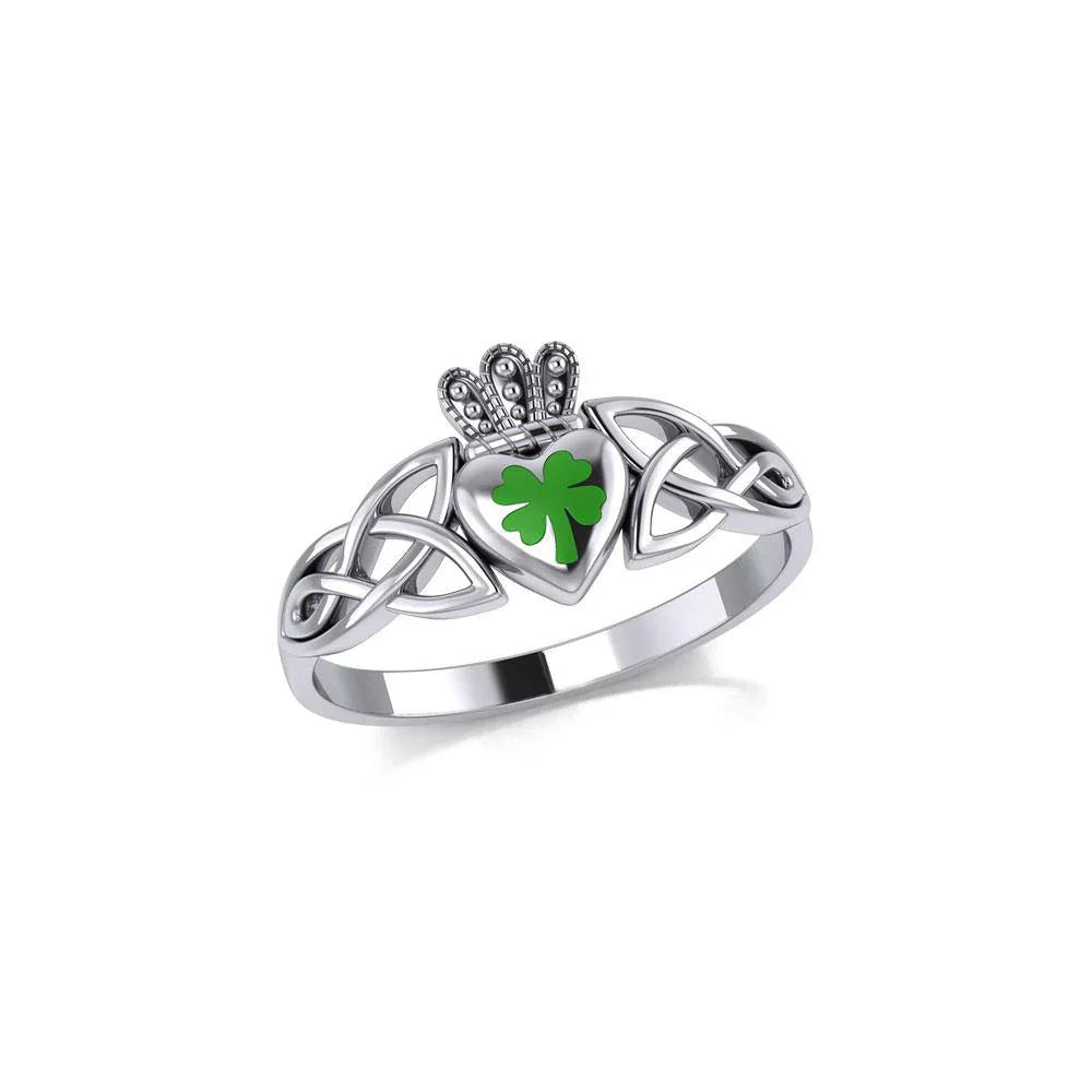 Knotwork & Claddagh Ring w/ Enamel Shamrock