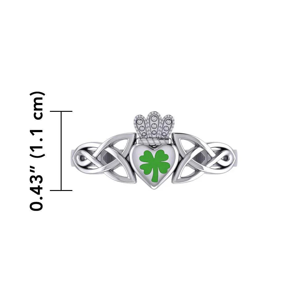 Knotwork & Claddagh Ring w/ Enamel Shamrock